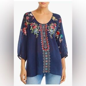 Johnny Was Sheera Embroidered Contrast Blouse Dark Blue Multi Sz XL NWT